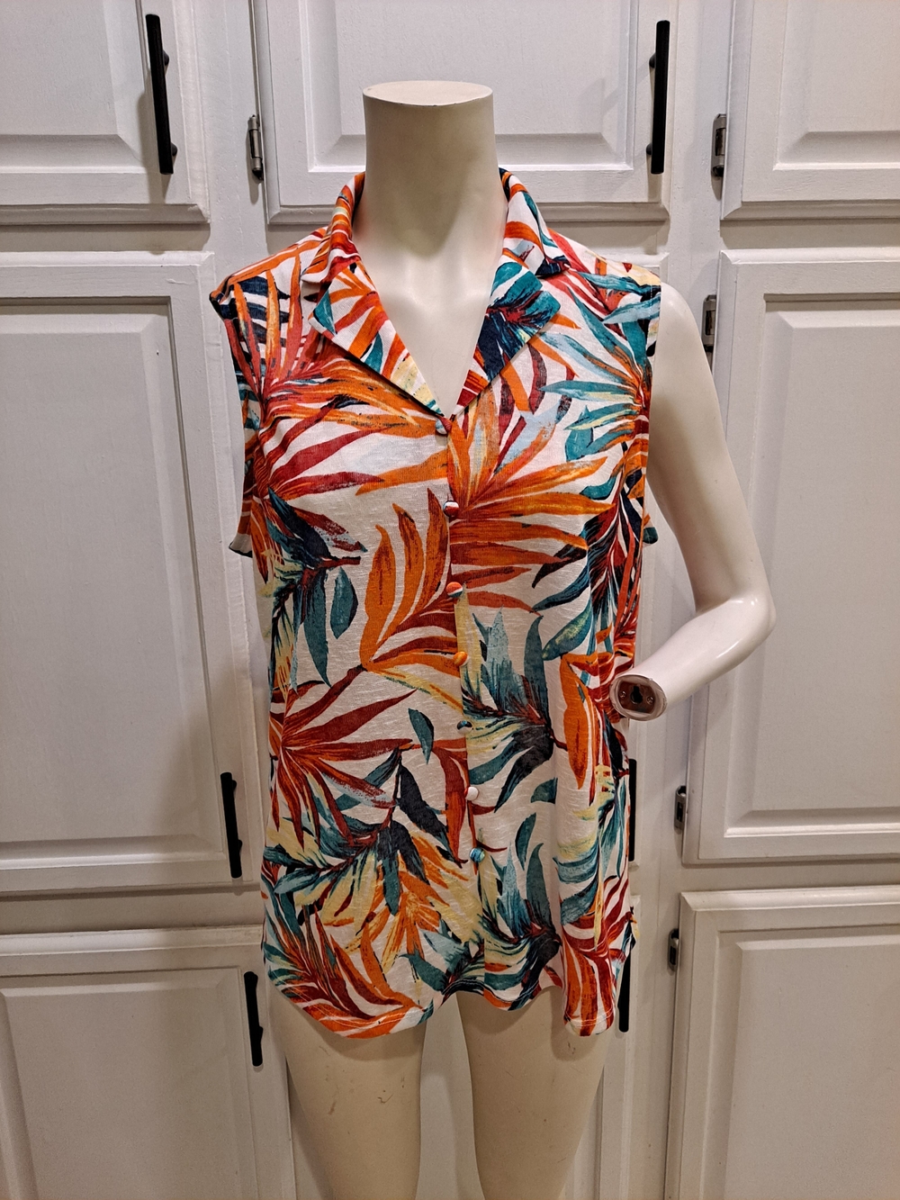 NY Collection Tropical Leaf Sleeveless Collared Button-Front Top - Orange/Teal